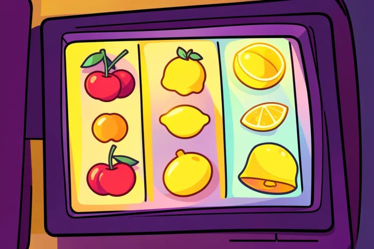 Tela de uma máquina caça-níqueis exibindo símbolos de frutas e números.