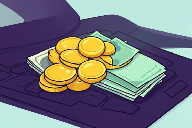 Pilha de moedas de ouro e notas de dinheiro em cima de um teclado de computador.