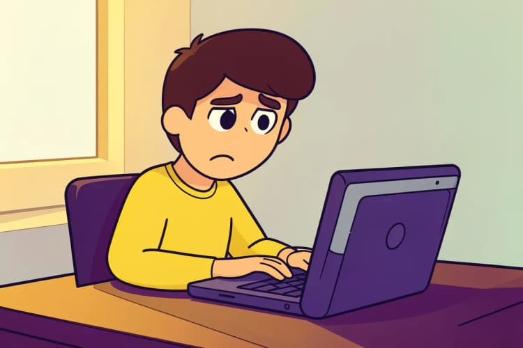 Uma pessoa com expressão de tédio olhando para a tela de um laptop.