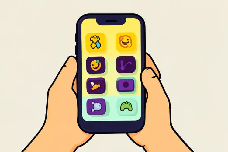 Mão segurando um celular com uma lista de opções de jogos na tela.