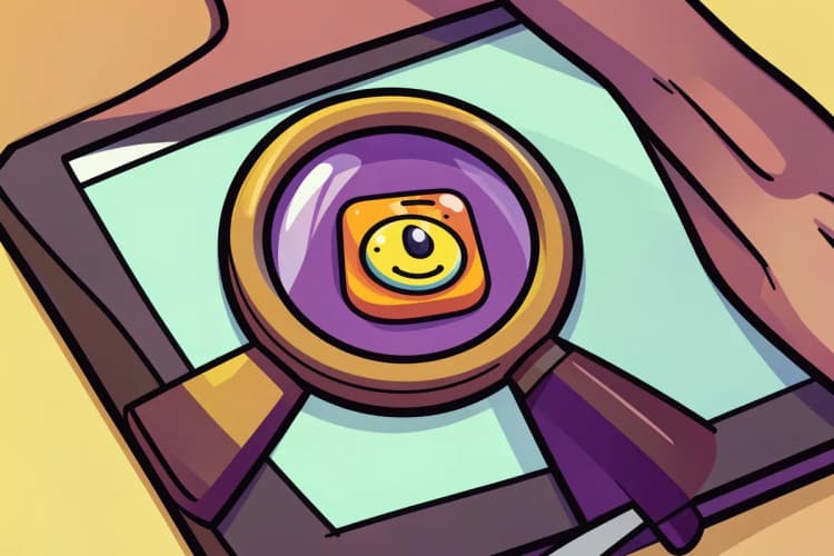 Uma lupa examinando um pequeno ícone de jogo em uma tela de tablet.