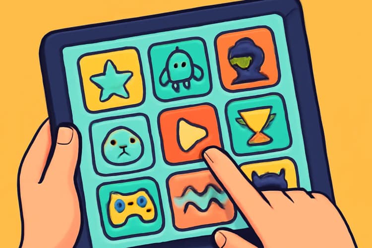 Uma pessoa escolhendo entre várias opções de jogos em um tablet.